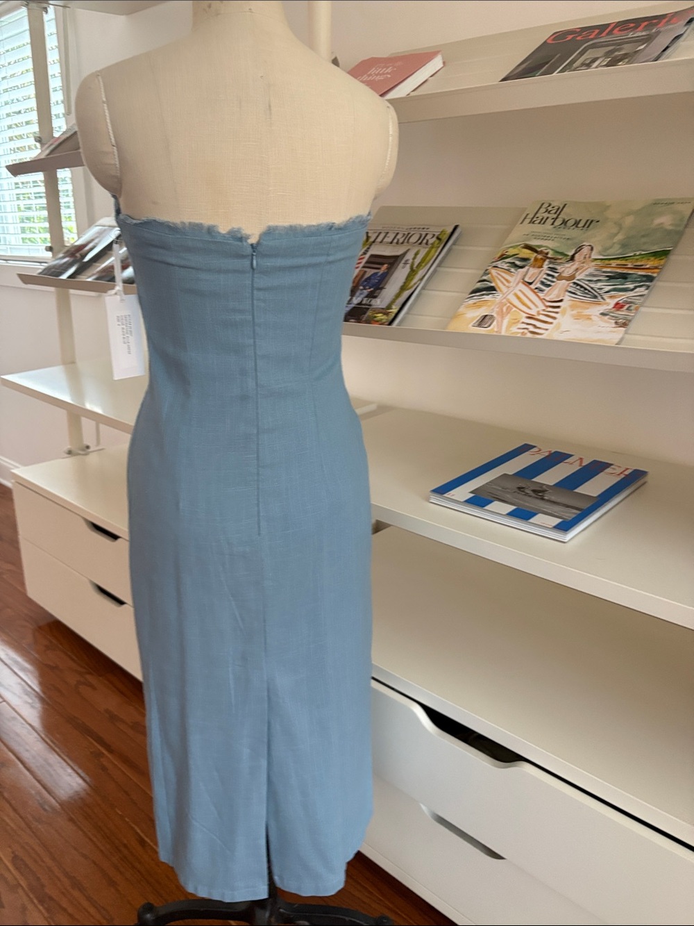NWT Torn by Ronny Kobo Strapless Powder Blue Button-Front Midi Dress - Picture 2 of 5